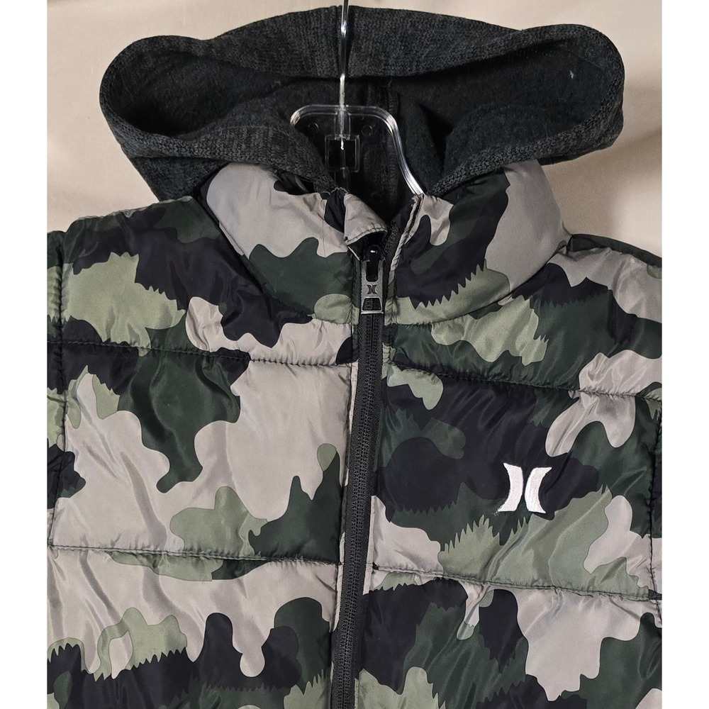 Hurley Kids Camo Puffer Vest Hoodie Combo Green Gray White Logo Youth Size‎ M